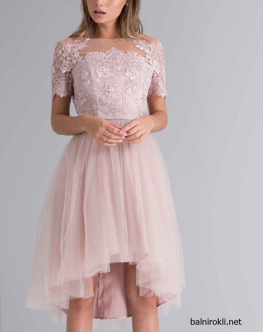 розова официална асиметрична рокля