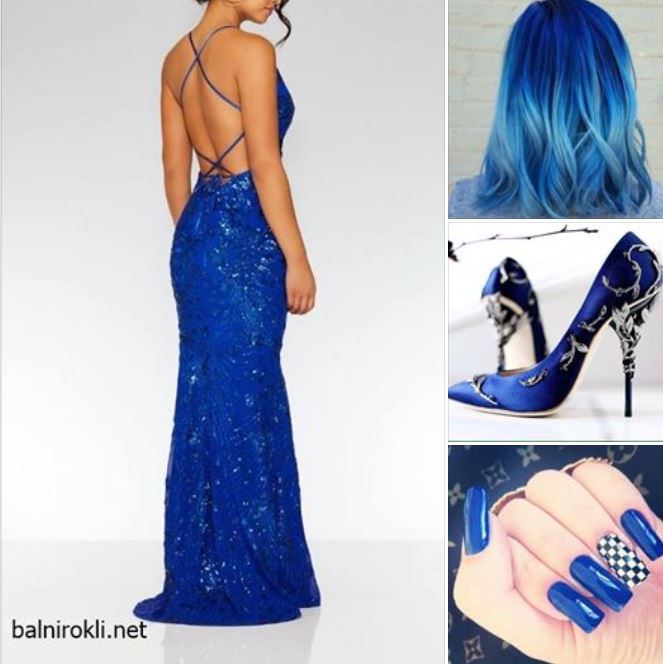 синя блестяща бална рокля гол гръб
