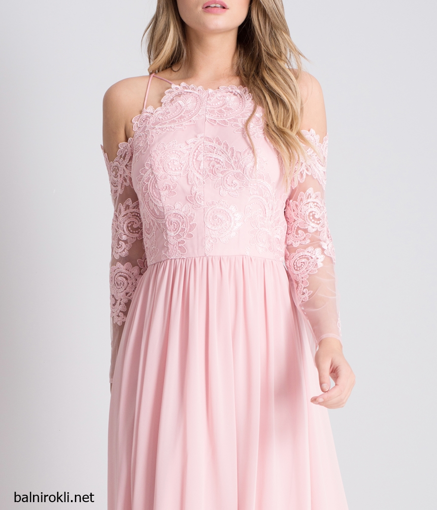 розова официална рокля с дантела