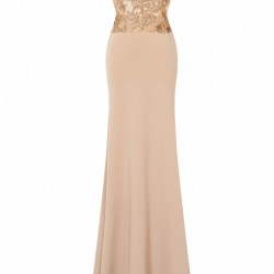 Дълга Вечерна Рокля Телесен Цвят Златисто Бюстие