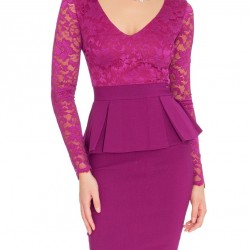 Виолетова Парти Рокля Дантела Ръкави