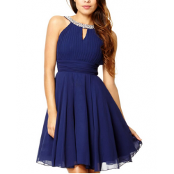 Къса Секси Рокля с Диаманти Около Врата в Тъмно Син Цвят Къса Секси Рокля с Диаманти Около Врата в Тъмно Син Цвят