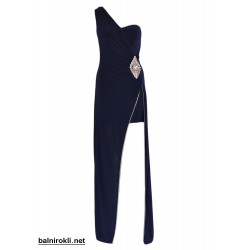 Асиметрична Тъмносиня Рокля с Цепка и Кристали