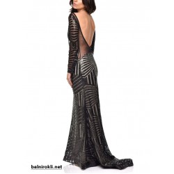 Блестяща Дълга Черна Рокля Ръкави Гол Гръб