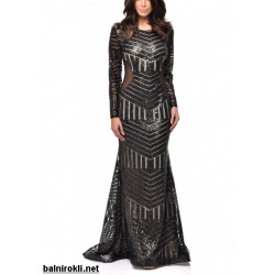 Блестяща Дълга Черна Рокля Ръкави Гол Гръб