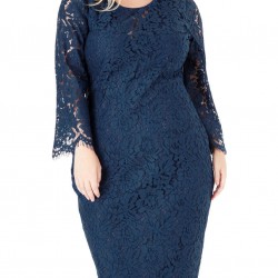 Kъса Официална Рокля за Едри Дами Синя Дантела