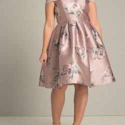 Елегантна Къса Вечерна Лилава Рокля Сатен Цветя