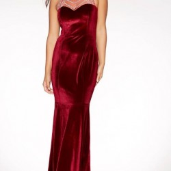 Велурена Дълга Тъмночервена Официална Рокля Русалка
