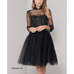 Елегантна Къса Малка Черна Рокля Тюл и Сатен