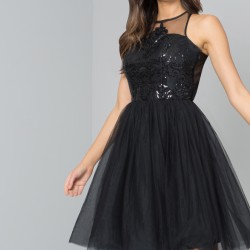 Абитуриентска Къса Черна Рокля Тюл Блестящо Бюстие
