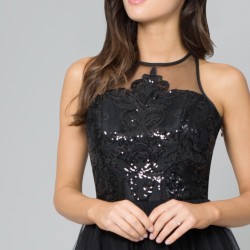 Абитуриентска Къса Черна Рокля Тюл Блестящо Бюстие