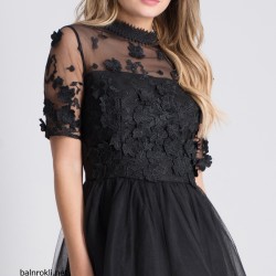Бална Къса Черна Рокля Флорална Апликация