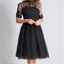 Бална Къса Черна Рокля Флорална Апликация