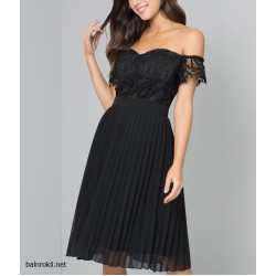 Елегантна Черна Рокля Шифон Плисе и Бюстие Дантела 