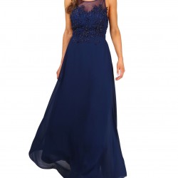 Бална Дълга Синя Рокля Декорация Шифон