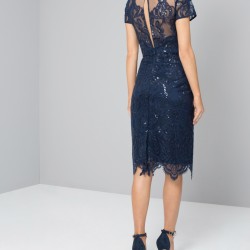 Блестяща Вечерна Тъмносиня Рокля Средна Дължина