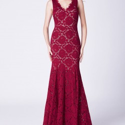 Дантелена Дълга Официална Рокля Цвят Бордо 2