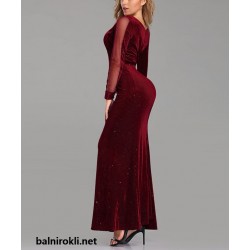 Бална Дълга Рокля Цвят Бордо Велур Дълги Ръкави Бална Дълга Рокля Цвят Бордо Велур Дълги Ръкави