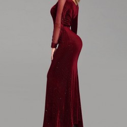 Бална Дълга Рокля Цвят Бордо Велур Дълги Ръкави