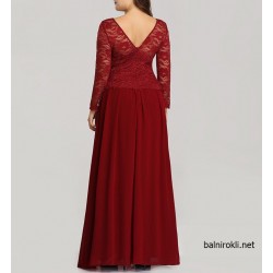 Дълга Бална Рокля Бордо и Дантела с Дълги Ръкави Дълга Бална Рокля Бордо и Дантела с Дълги Ръкави
