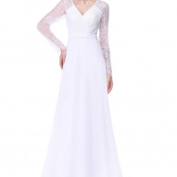 Бална Бяла Дълга Рокля Дантела Ръкави