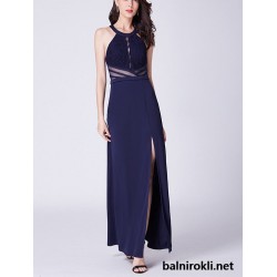 Дълга Елегантна Тъмносиня Бална Рокля Цепка 