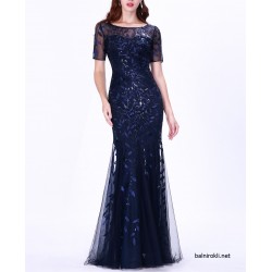 Елегантна Тъмносиня Дълга Рокля Бродерии Тюл Елегантна Тъмносиня Дълга Рокля Бродерии Тюл