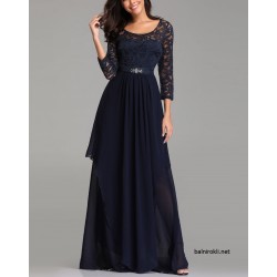 Бална Дълга Тъмносиня Официална Рокля Дантела и Шифон