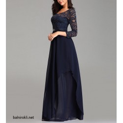 Бална Дълга Тъмносиня Официална Рокля Дантела и Шифон Бална Дълга Тъмносиня Официална Рокля Дантела и Шифон