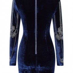 Велурена Елегантна Къса Тъмносиня Рокля Ръкави