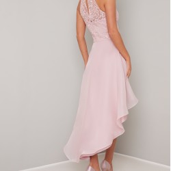 Абитуриентска Асиметрична Розова Рокля Дантела и Шифон Абитуриентска Асиметрична Розова Рокля Дантела и Шифон