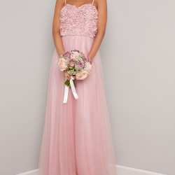 Абитуриентска Дълга Розова Бална Рокля Бюстие Рози