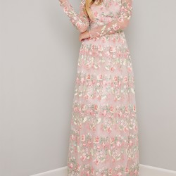 Бална Дълга Рокля Гол Гръб Флорална Бродерия