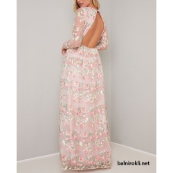 Бална Дълга Рокля Гол Гръб Флорална Бродерия Бална Дълга Рокля Гол Гръб Флорална Бродерия