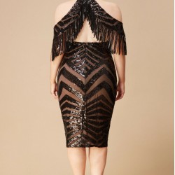 Елегантна Черна Официална Рокля с Ресни Макси Дами