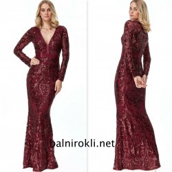 Вечeрна Елегантна Блестяща Дълга Рокля Бордо Ръкави