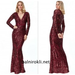 Вечeрна Елегантна Блестяща Дълга Рокля Бордо Ръкави