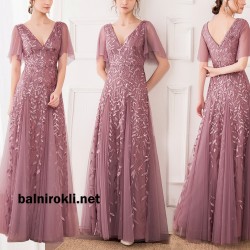 Бална Дълга Лилава Рокля Тюл Бродерии 4