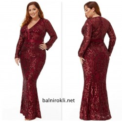 Дълга Блестяща Тъмночервена Рокля Макси Размери Ръкави