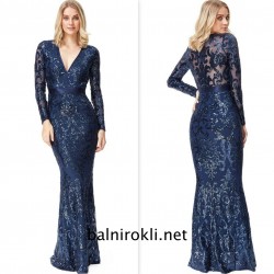 Вечерна Дълга Синя Блестяща Рокля Ръкави
