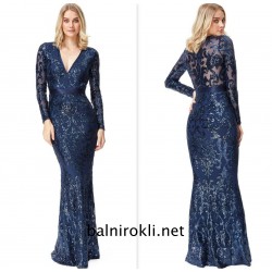 Вечерна Дълга Синя Блестяща Рокля Ръкави