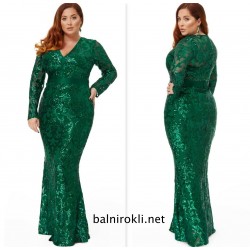 Дълга Блестяща Зелена Рокля Макси Размери Ръкави