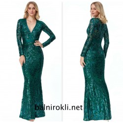 Дълга Елегантна Бална Рокля Зелен Цвят Блестяща