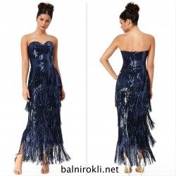 Блестяща Бална Синя Рокля Пайети Ресни