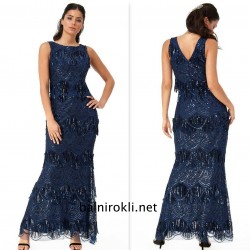 Блестяща Официална Тъмносиня Рокля Ресни и Пайети