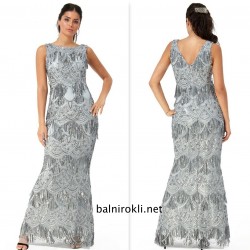 Блестяща Официална Сребриста Рокля Пайети Ресни