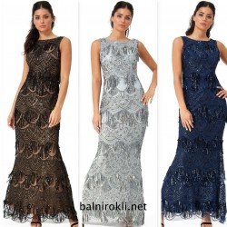 Блестяща Официална Тъмносиня Рокля Ресни и Пайети