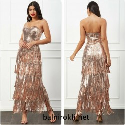 Блестяща Бална Златна Рокля Пайети Ресни