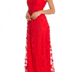 Дълга Официална Червена Рокля 3D Флорал