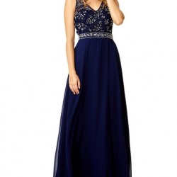 ВЕЧЕРНА ДЪЛГА ТЪМНОСИНЯ РОКЛЯ ДАНТЕЛА и ШИФОН